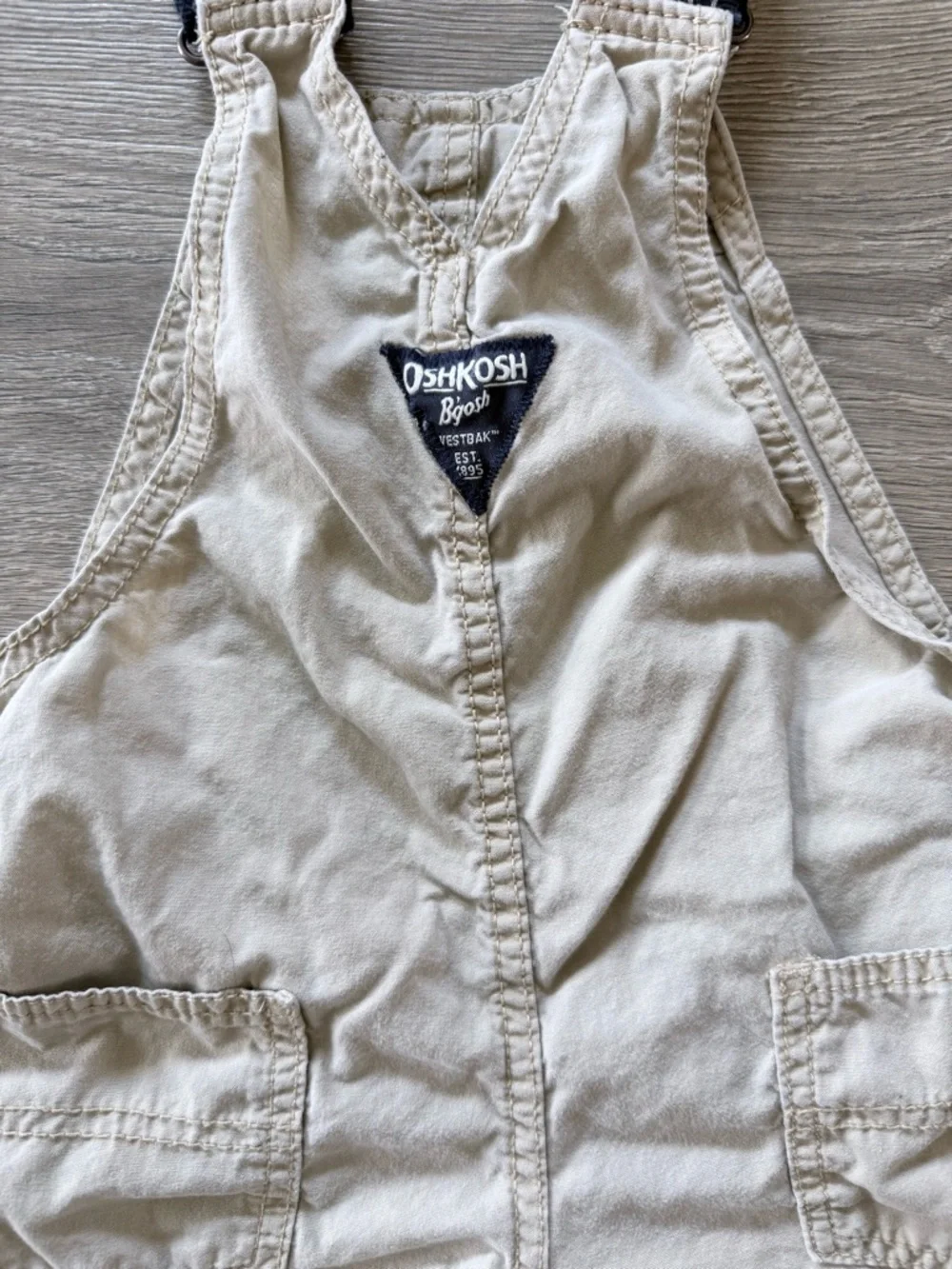 OshKosh B'gosh Tan Short Overalls with Navy Stripe Straps